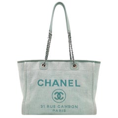 Chanel Deauville Tote Light Blue Cloth Leather Chain Handle