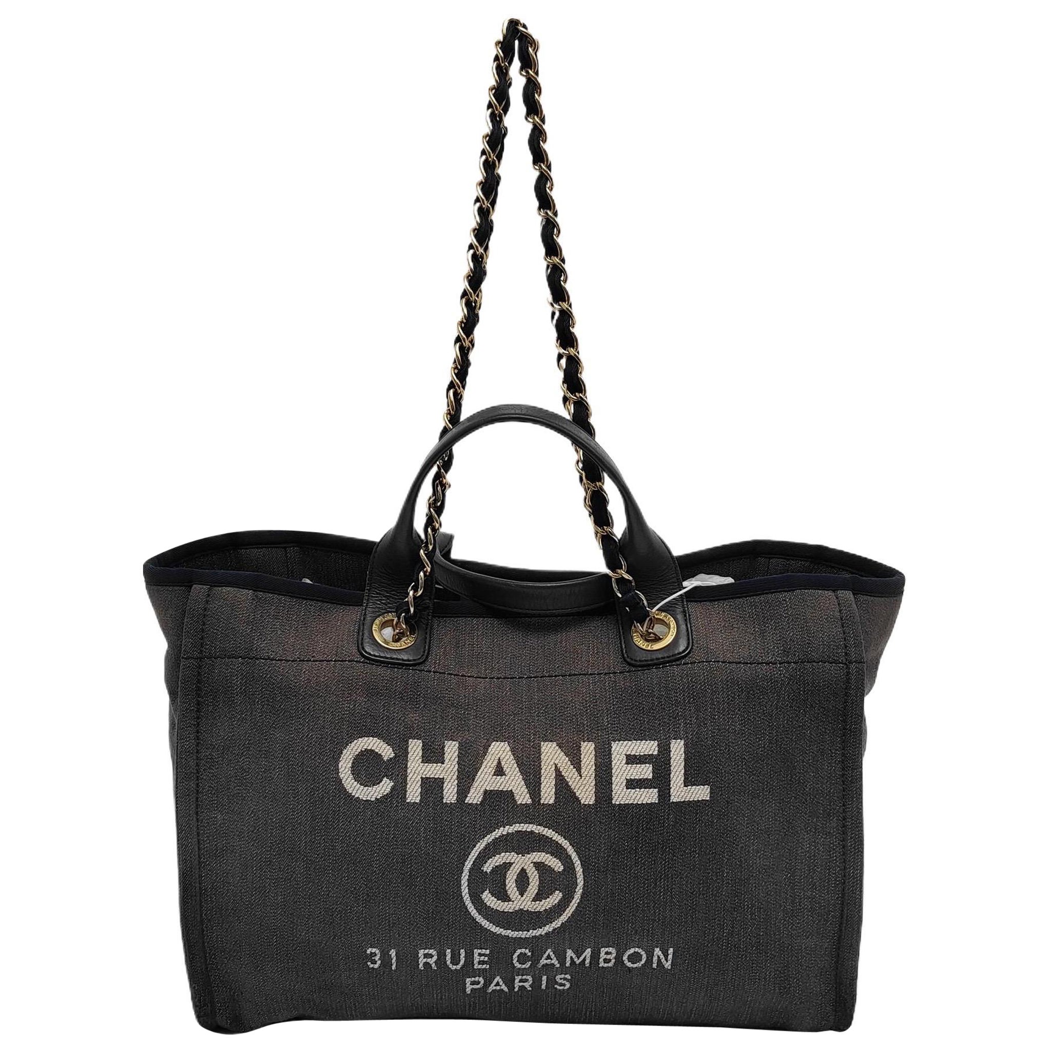 Chanel Deauville Tote Medium Navy Denim Top Handle Leather Chain Straps For Sale