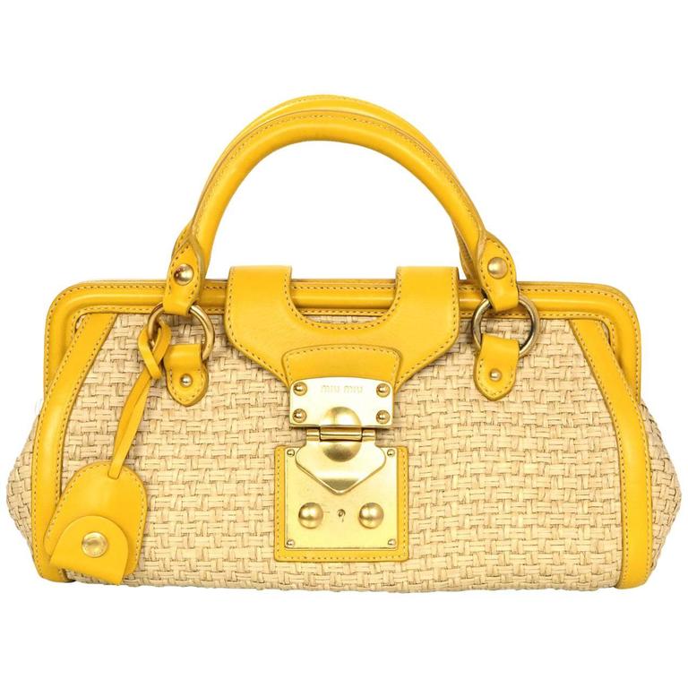 Miu Miu Yellow Leather and Beige Raffia Frame Bag w/ Crossbody Strap ...