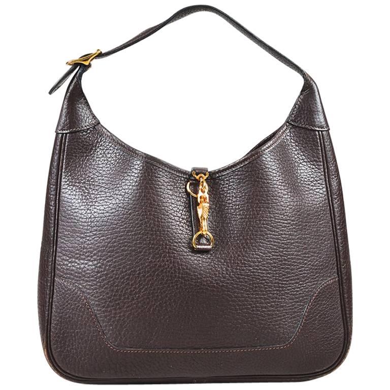 Vintage Hermes Chocolate Clemence Leather Gold Hardware "Trim 31" Shoulder Bag For Sale