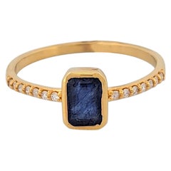 Anillo de Zafiro y Diamante en Oro Amarillo de 14K  1,10 CT Zafiro natural talla esmeralda