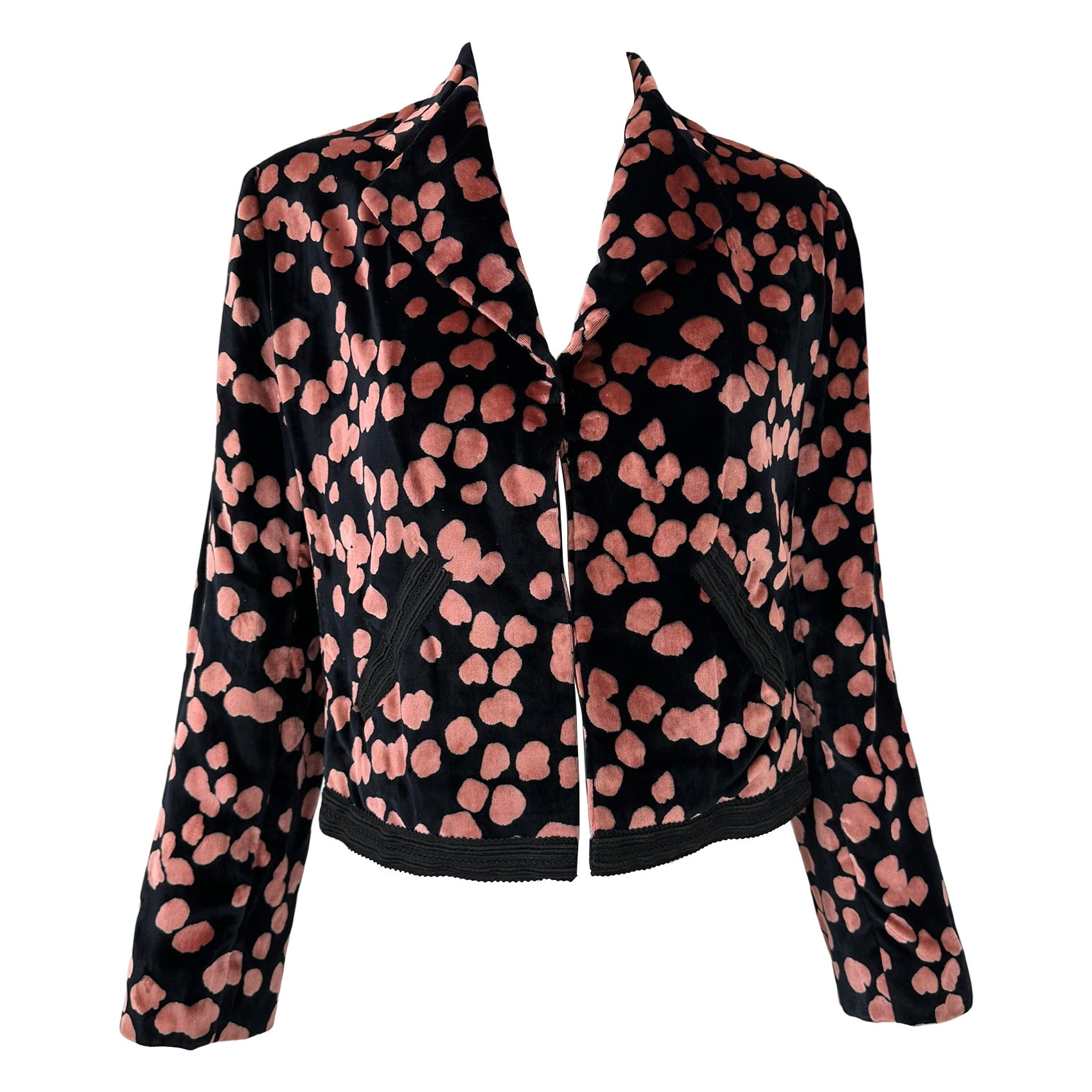 James Galanos Black & Pink Silk Velvet Cropped Jacket Black Braid Trim & Pockets (Veste courte en velours de soie noir et rose) en vente