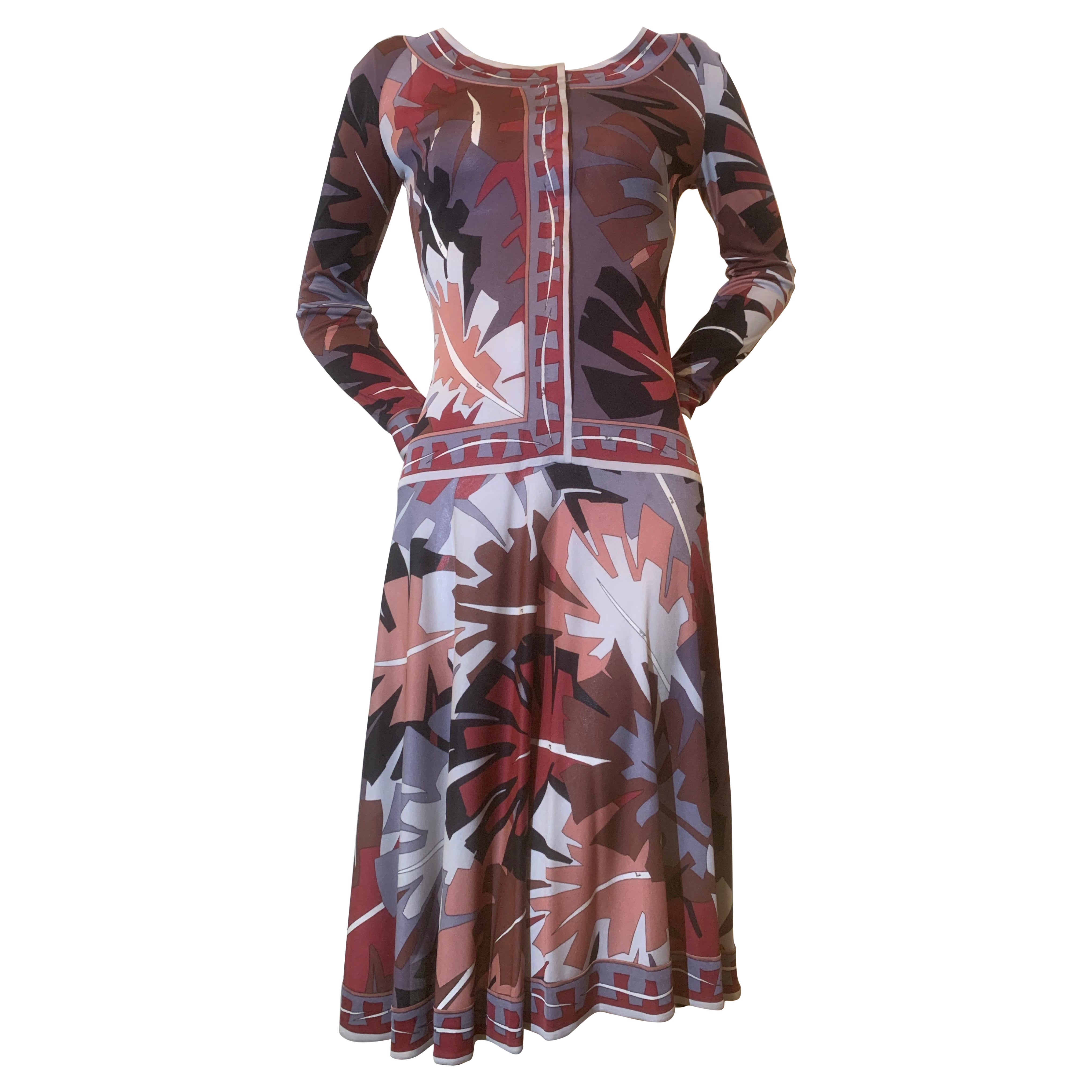 Robe de jour Emilio Pucci des années 1960, taille basse, jupe complète imprimée de grenouilles de palmier en vente