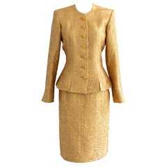 Traje Yves Saint Laurent Rive Gauche Vintage Otoño 1991 Chaqueta Falda Brocado Oro