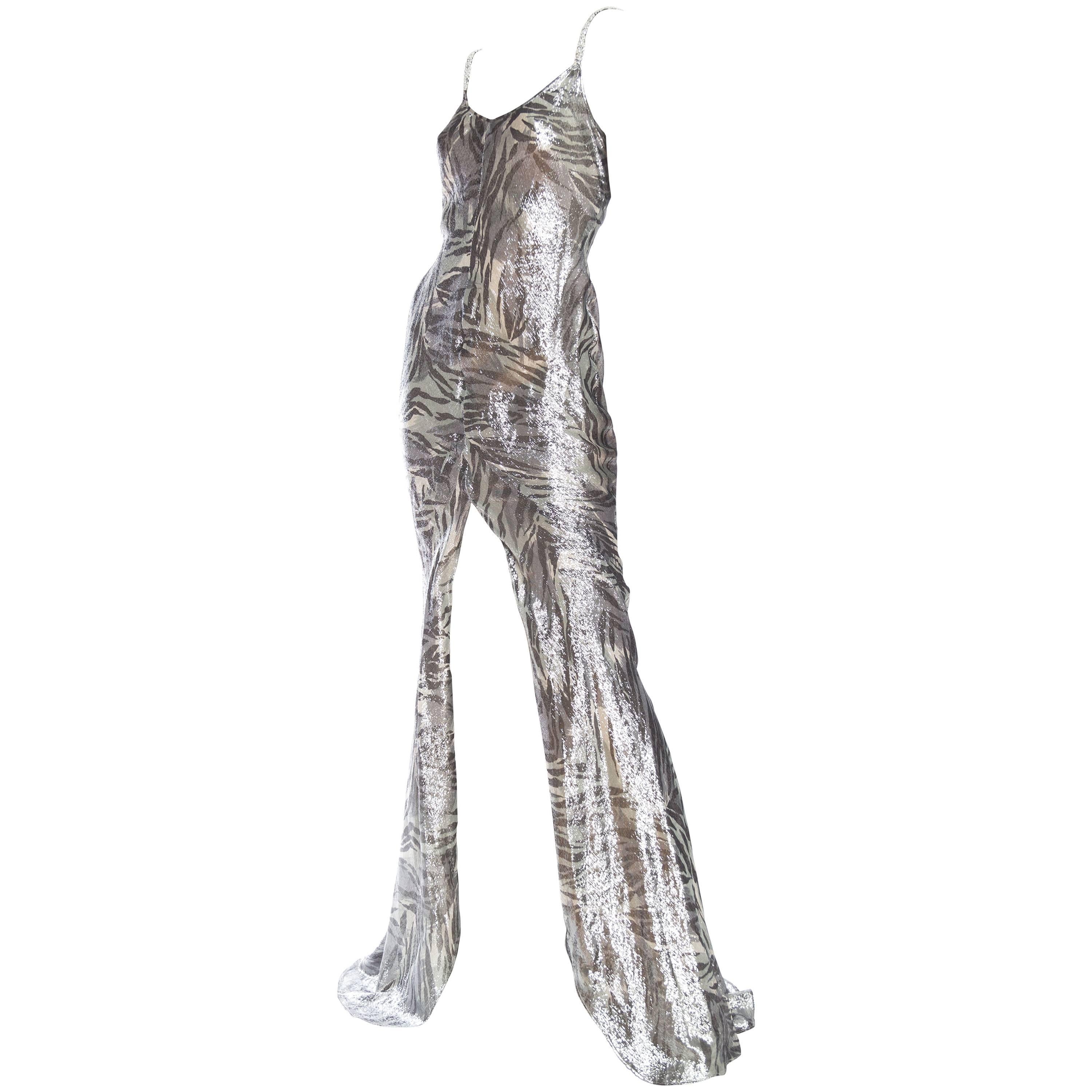 Backless Roberto Cavalli Trained Silver Lamé Gown