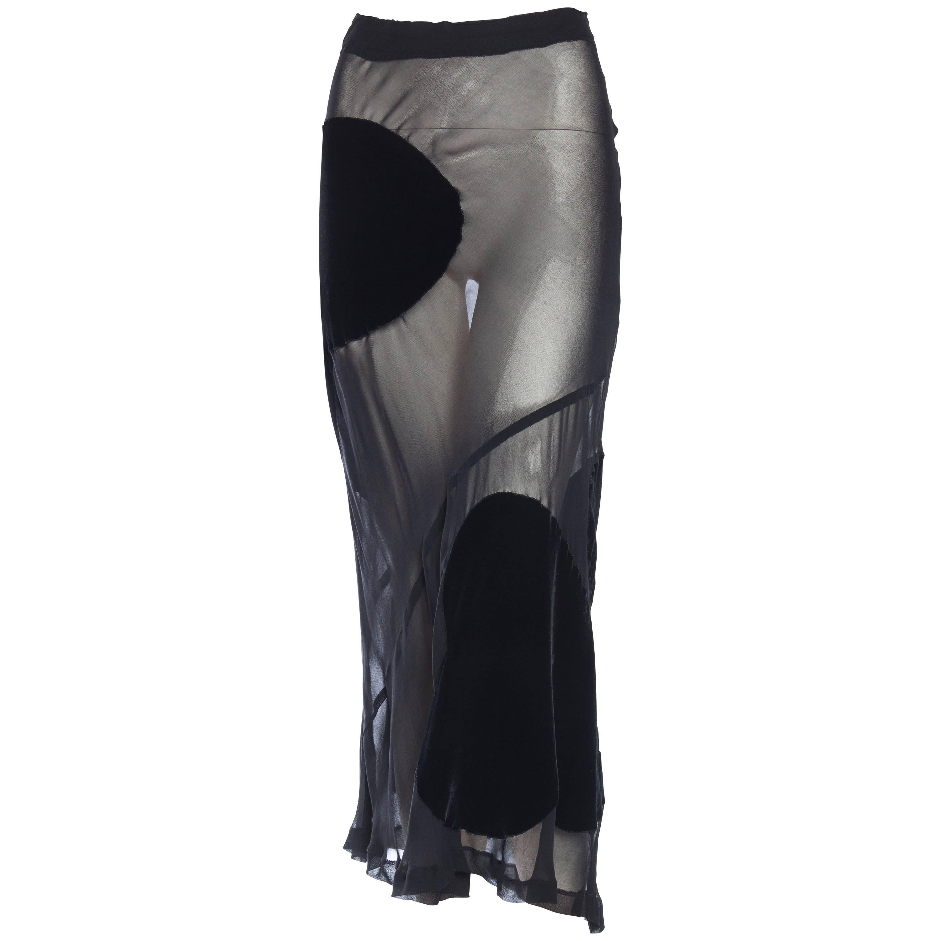 1990S COMME DES GARCONS Black Rayon & Silk Sheer Chiffon Bias Maxi Skirt With V