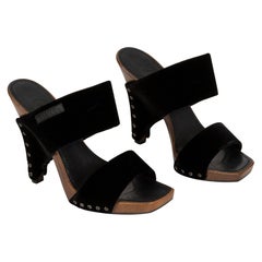 New Chanel Black Velvet & Wood Sandals 37.5 in Box