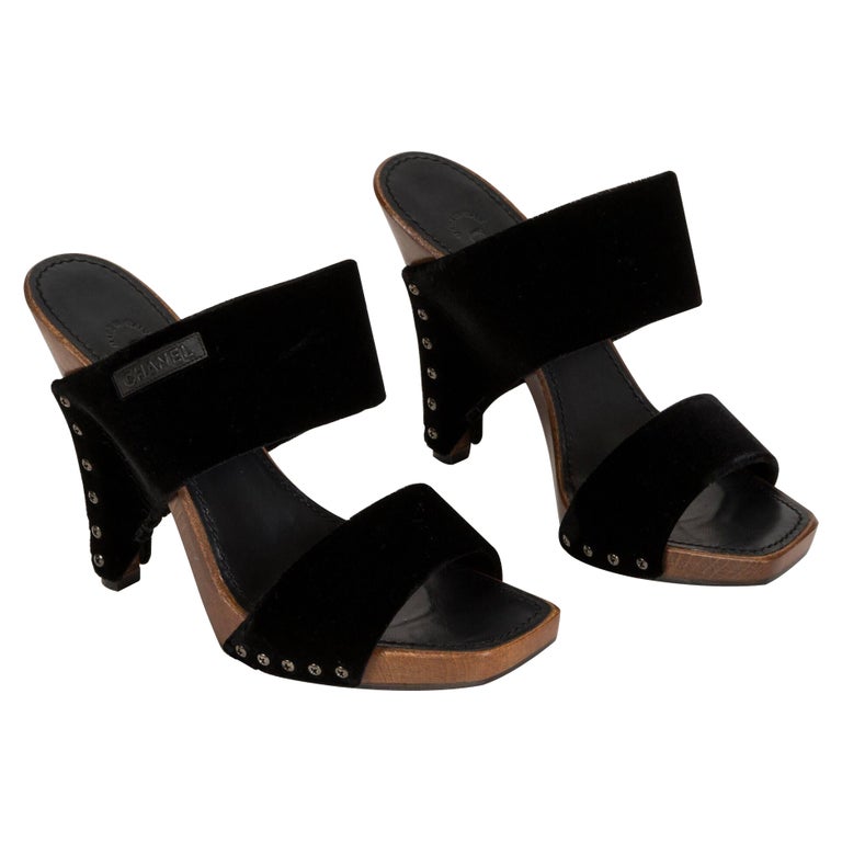 Chanel Black sandals high hell mules size 36 wooden platform