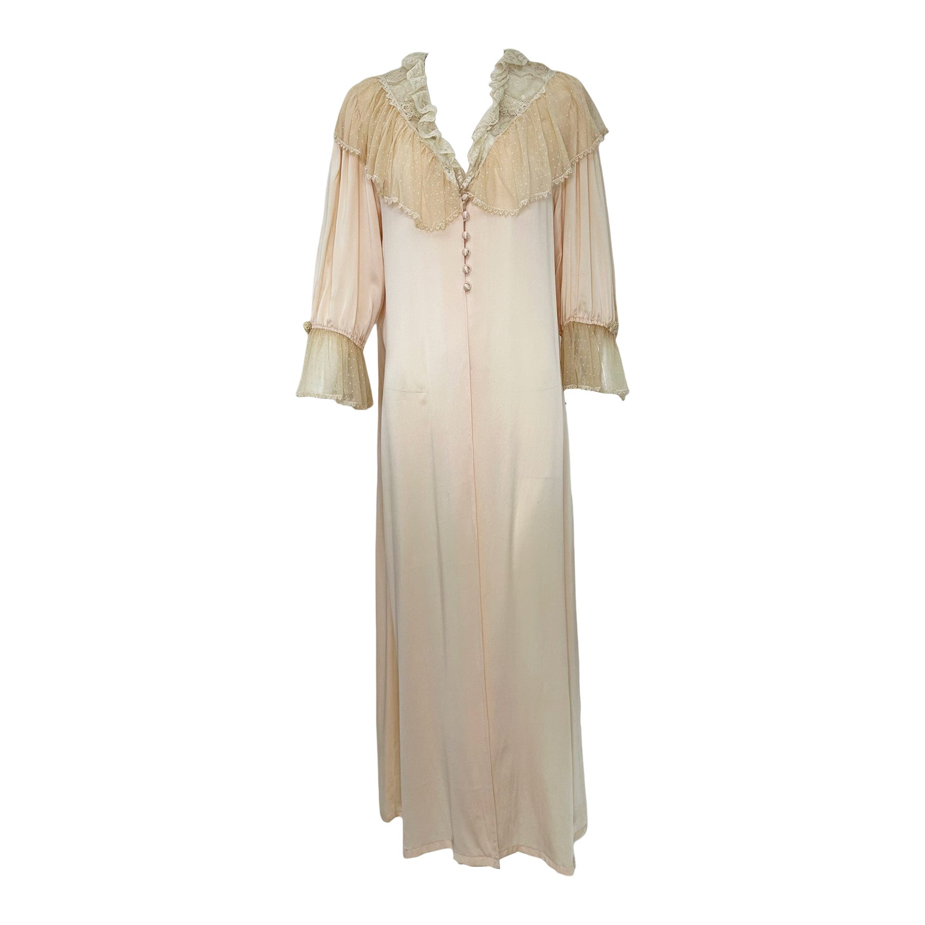 1970s Pink Silk & Antique Lace Dressing Gown with Ribbon Rosettes & Dotted Tulle For Sale