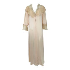 1970s Pink Silk & Antique Lace Dressing Gown with Ribbon Rosettes & Dotted Tulle