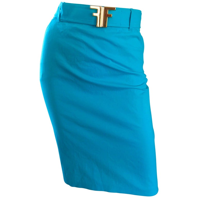 1990s Fendi By Karl Lagerfeld Vintage Turquoise Teal Blue Cotton Skirt ...