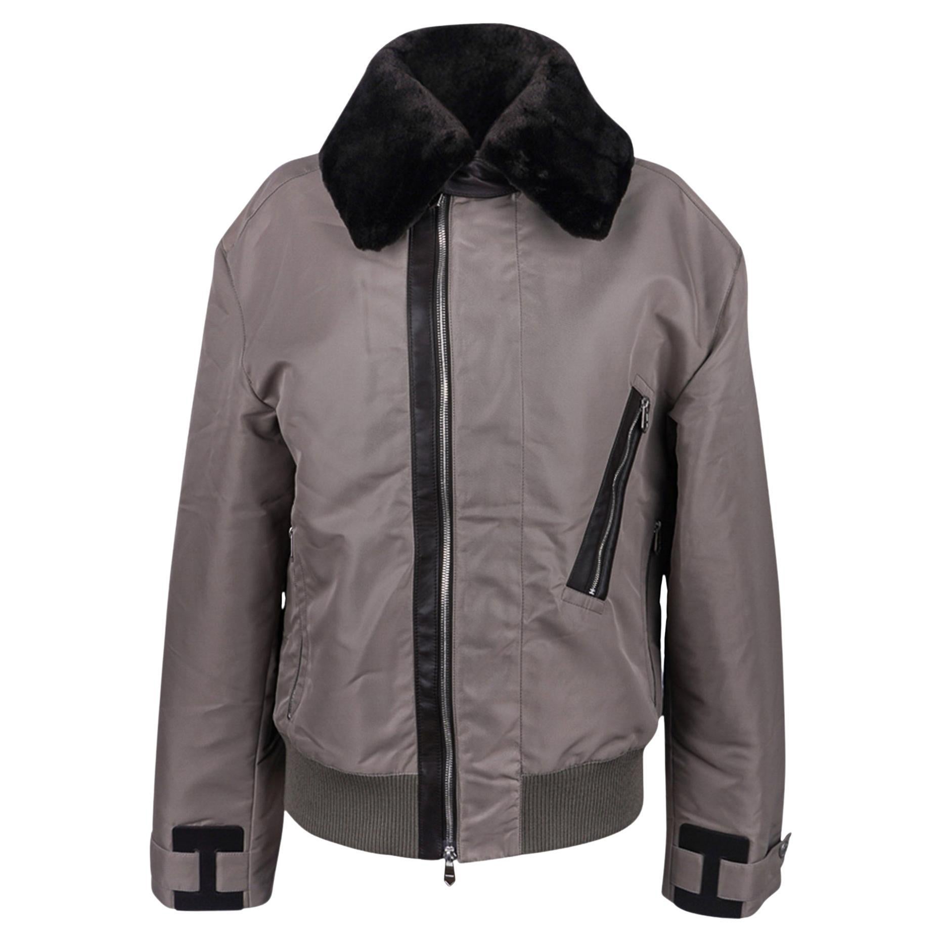 Hermes Men's Jacket Gray with Black Leather and Detachable Beaver Collar 48