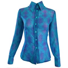 Retro 1970s Fendi by Karl Lagerfeld Turquoise + Purple Op Art Silk Chiffon Blouse Top