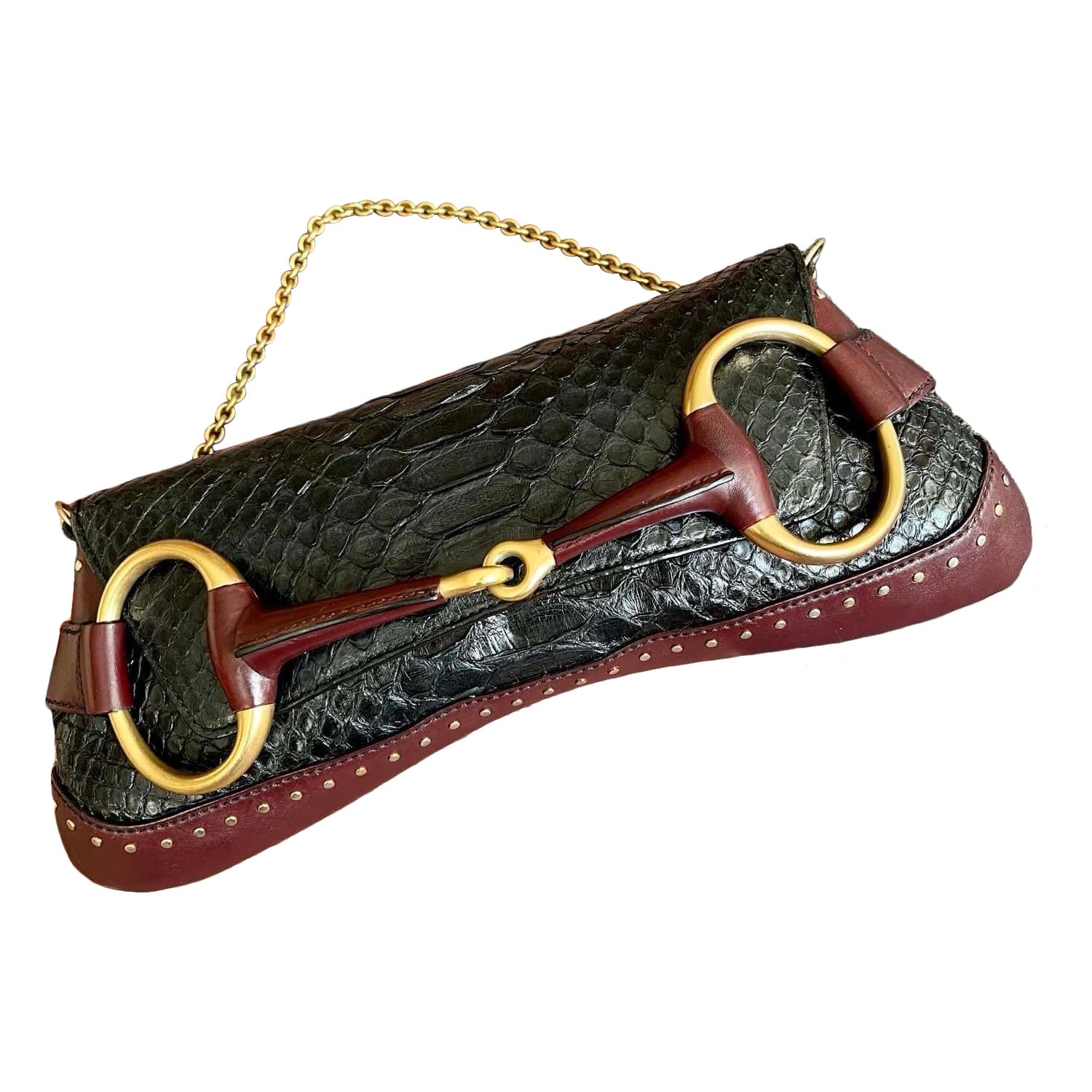 Gucci Horsebit 1955 Chain Bag Black and Burgundy Leather Large Shoulder Bag For Sale
