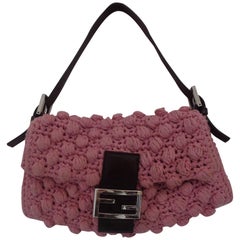 Fendi Sac Baguette en cuir brun et laine rose