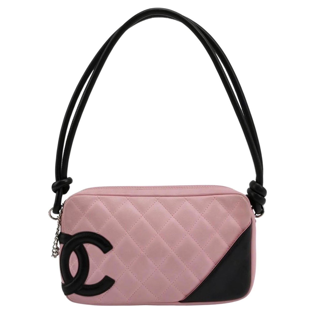Chanel Cambon Clutch Shoulder Bag PInk Calfskin Leather Black Strap For Sale