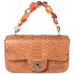Chanel Python Brown Leather Bag Semi Precious Stones Gripoix CC Silver Snakeskin