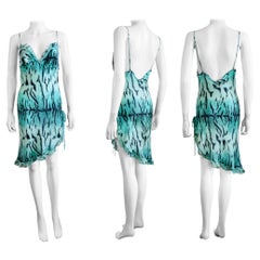 Vintage 2000s Roberto Cavalli Turquoise Tiger Animal Print Silk Slip Mini Dress