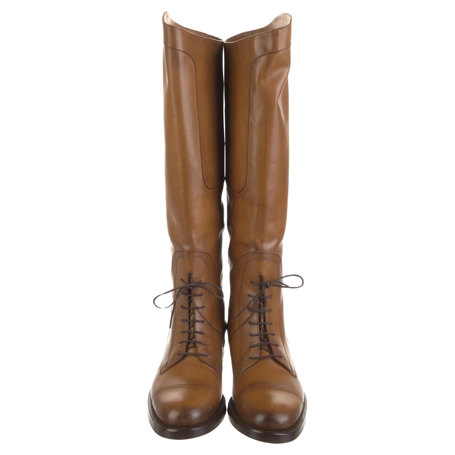 NUEVO Gucci Botas polo ecuestres con cordones de cuero marrón antiguo 37.5