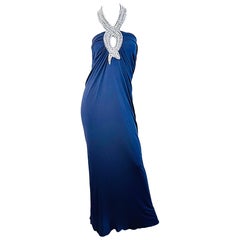 Loris Azzaro Spring 2008 Size 46 ( 12 ) Navy Blue Jersey Rhinestone Halter Gown