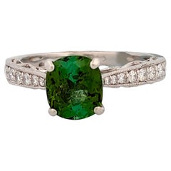 Antique Evadne  18k White Gold Tourmaline and Diamond Ring with Oval Cushion Cut