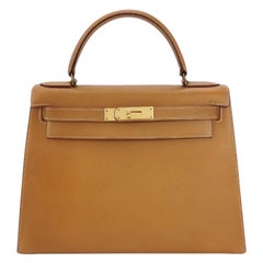 Hermes Kelly 28 Sellier Cuir d'Epsom brun doré Quincaillerie dorée 1985