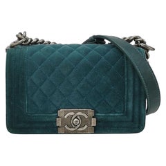 Chanel Le Boy Dark Small Green Velvet Antiqued Silver Hardware