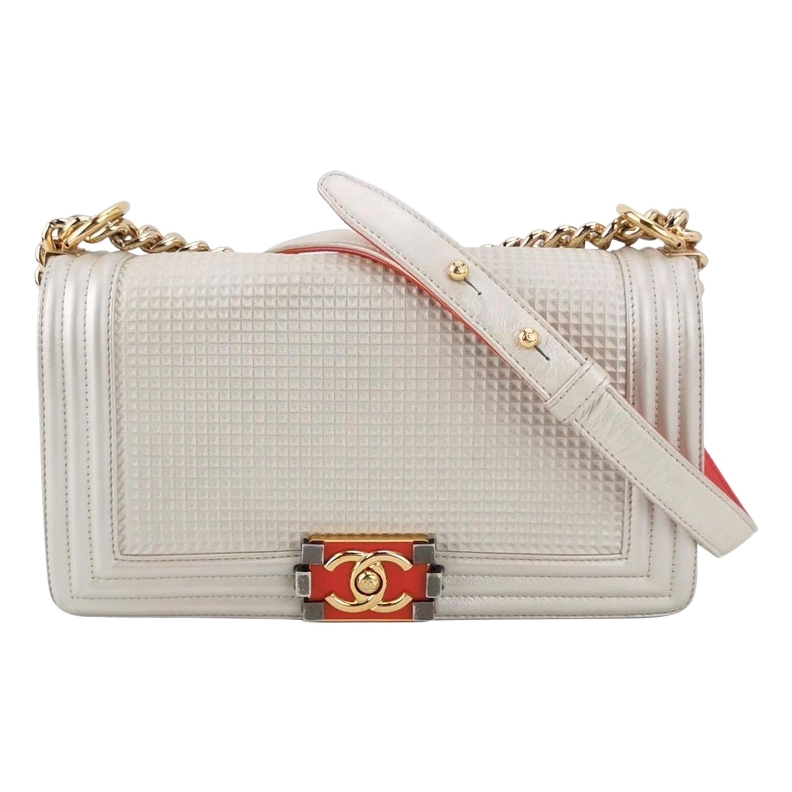 Chanel Le Boy Medium White Pearlescent Waffle Lambskin Leather Red Lock 2013-201