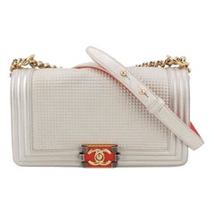 Chanel Le Boy Medium White Pearlescent Waffle Lambskin Leather Red Lock 2013-201