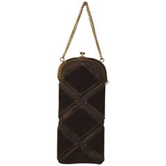 Vintage Brown Suede Leather Crochet Italy 1960s Gold Chain Bag Handbag Purse Mod