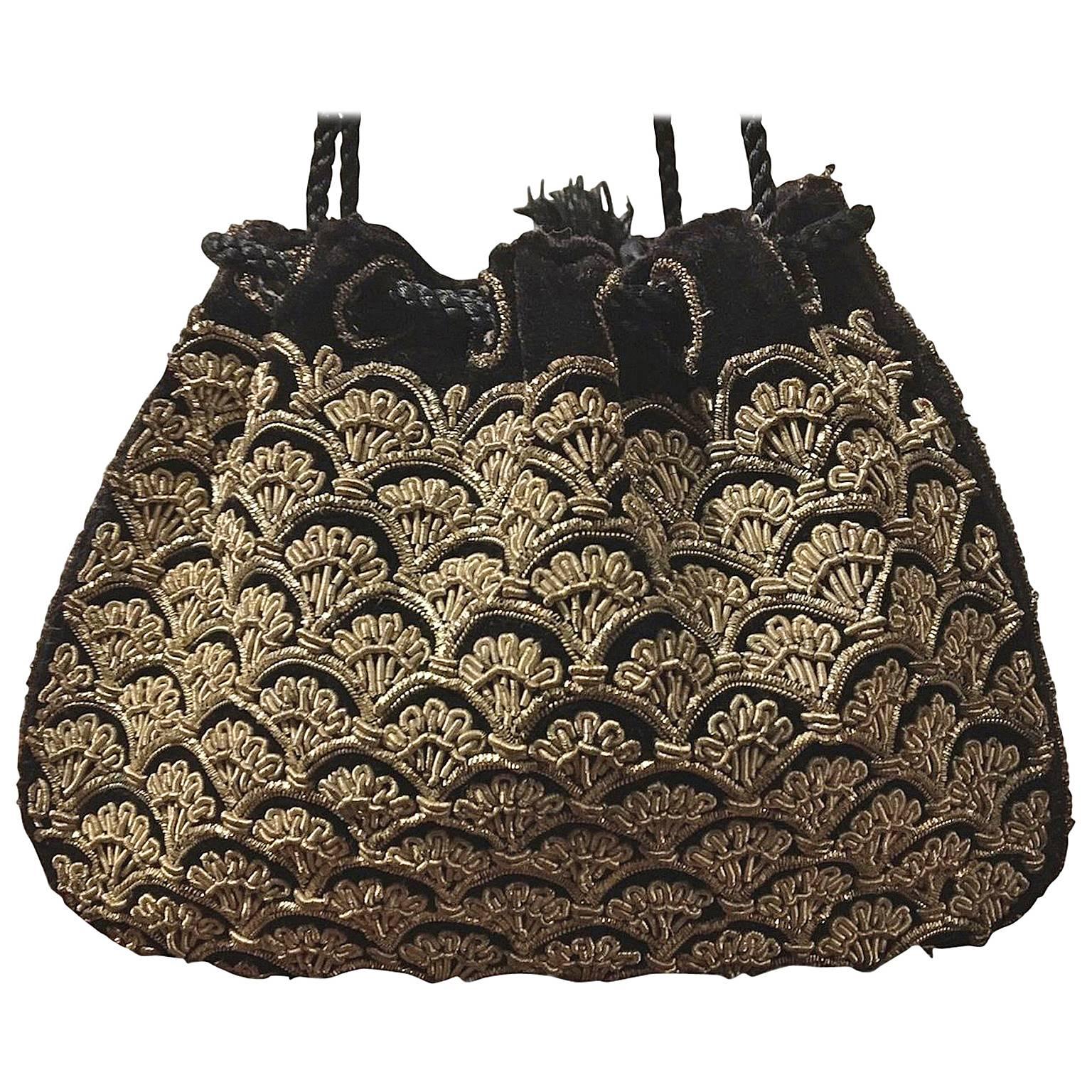 Antique Zardosi Black Gold Metallic Thread Handbag Bag Purse Drawstring Deco
