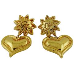 Christian Lacroix Vintage Gold Toned Sun and Heart Dangling Earrings 7