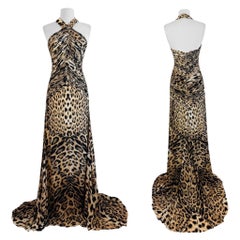 Vintage By 2000 Roberto Cavalli Leopard Animal Print Halter Maxi Dress Gown