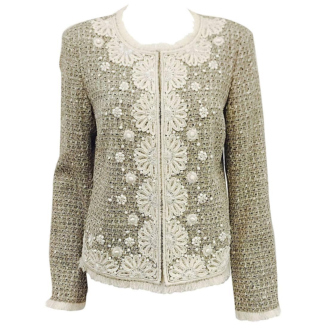 St. John Fringed Tweed Jacket With Embroidery and Beadwork