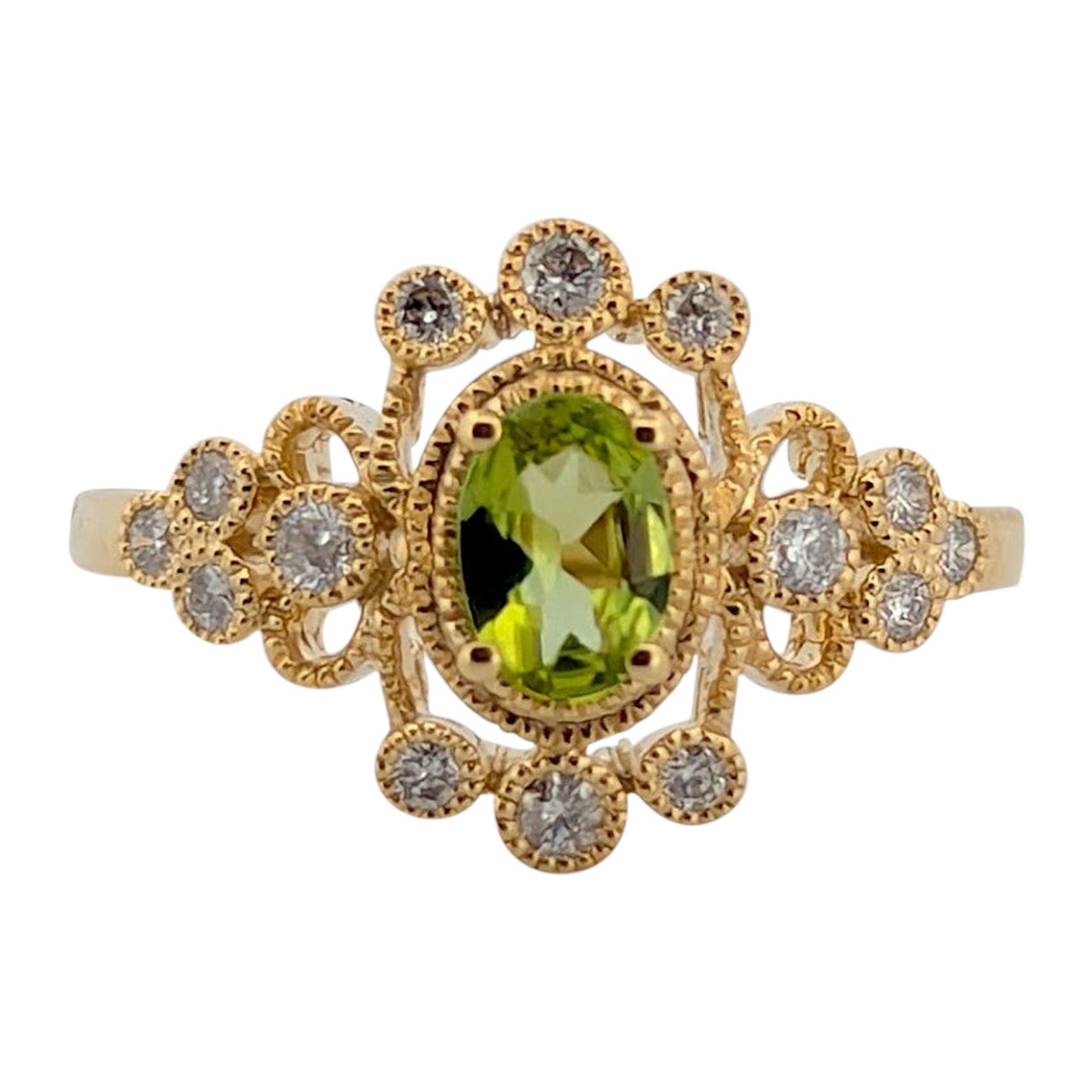 Meadow  10K Yellow Gold Peridot & Diamond Ring, Oval Peridot Halo Ring For Sale