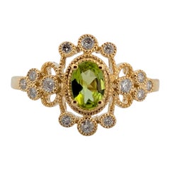 Prato  Anello in oro giallo 10K con peridoto e diamanti, anello ovale con peridoto a raggiera