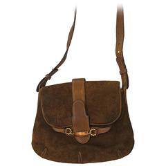 Vintage Gucci Brown Suede Horsebit Embellished Shoulder Bag
