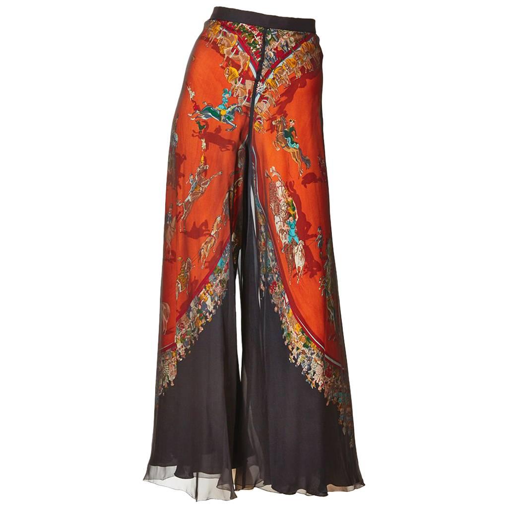 Hermes Chiffon and Patterned Silk Palazzo Pants