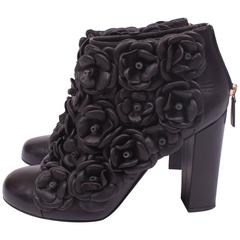 Chanel Camellia Flower Leather Ankle Boots - black