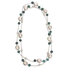Sterling Silver and Malachite Beaded Chain Strand Necklace / SAT. SALE 3