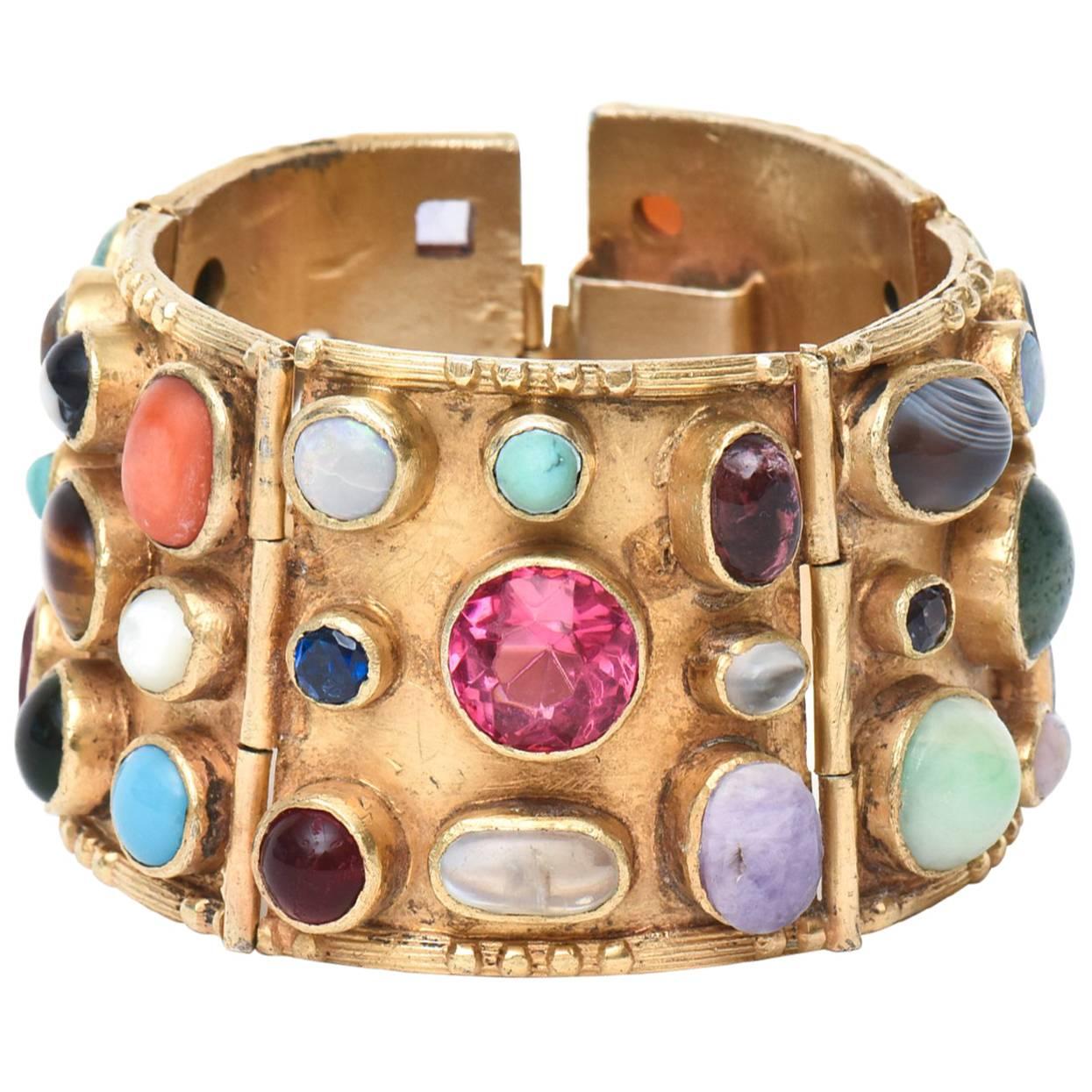 Gold Plated Over Sterling Silver and Semi Precious Stones Cuff Bracelet / SALE