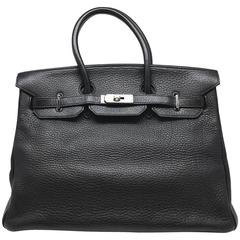 Hermes Birkin 35 Noir Clemence Leather SHW Top Handle Bag