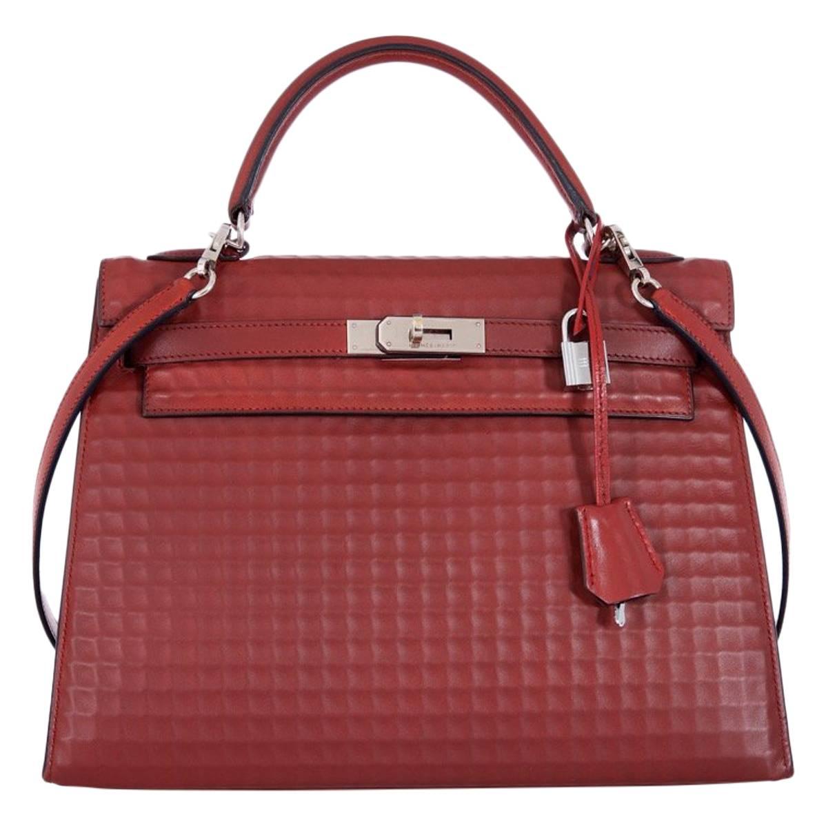 Hermes Kelly 32cm Rouge H Waffle Sellier Palladium Hardware - Extraordinary! For Sale