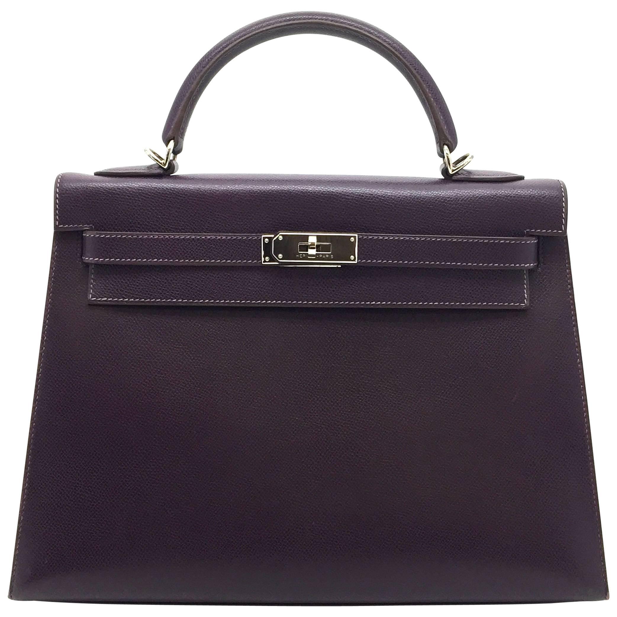 Hermes Kelly 32 Raisin Courchevel Leather SHW Top Handle Bag For Sale
