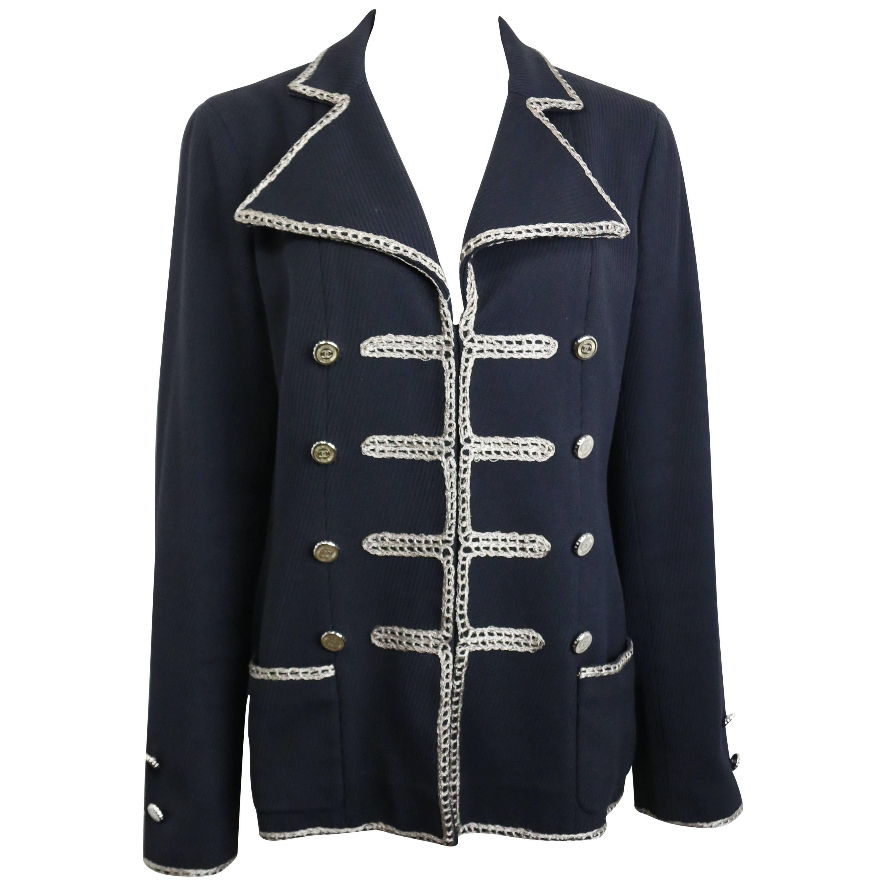 Chanel Black Military with Silver Metallic Thread Embroidered Blazer 
