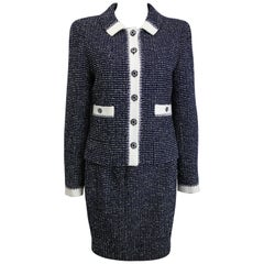 Vintage Chanel White and Navy Tweed Jacket and Skirt Ensemble 