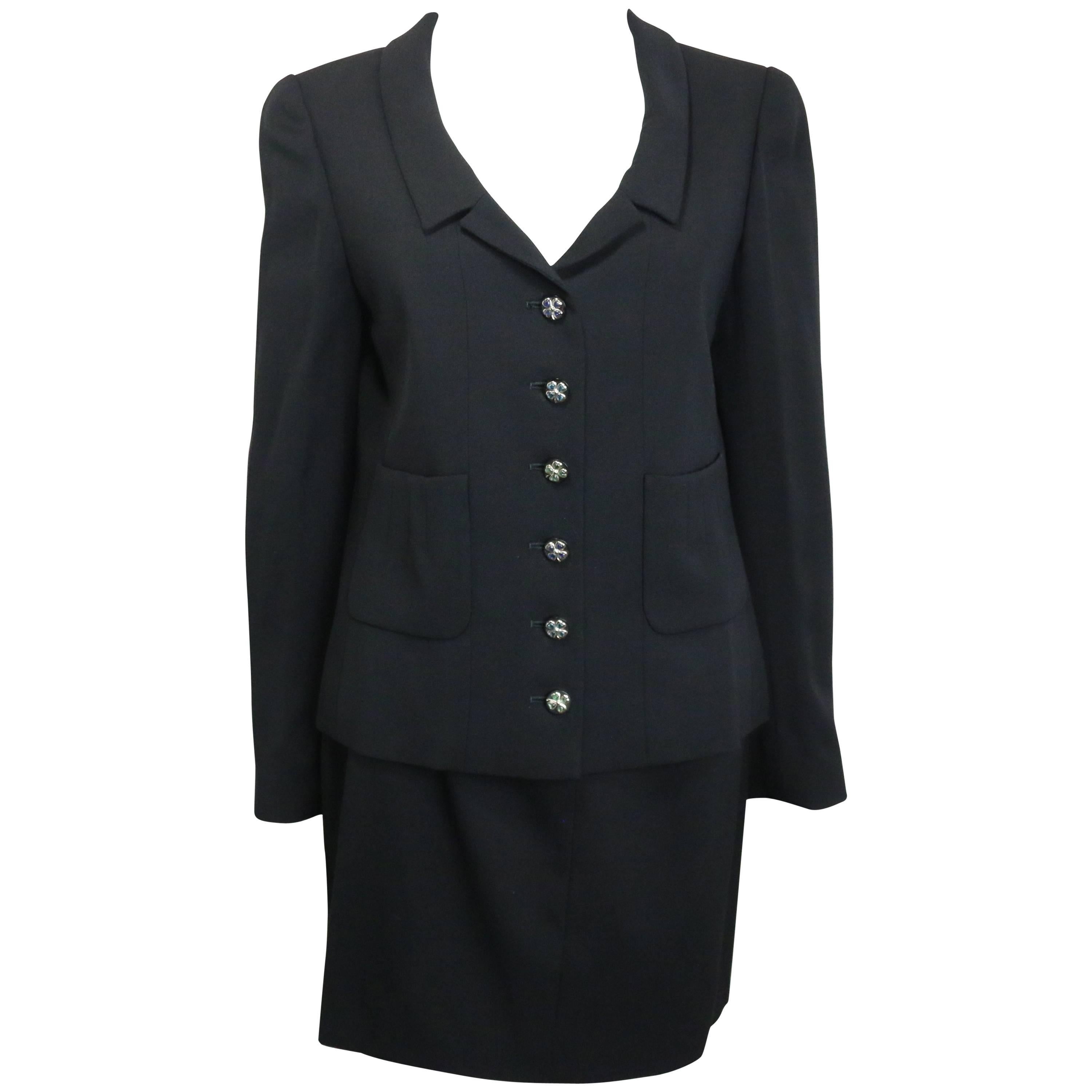 90s Chanel Little Black Jacket and Skirt Suit with Gripoix Clover Buttons For Sale