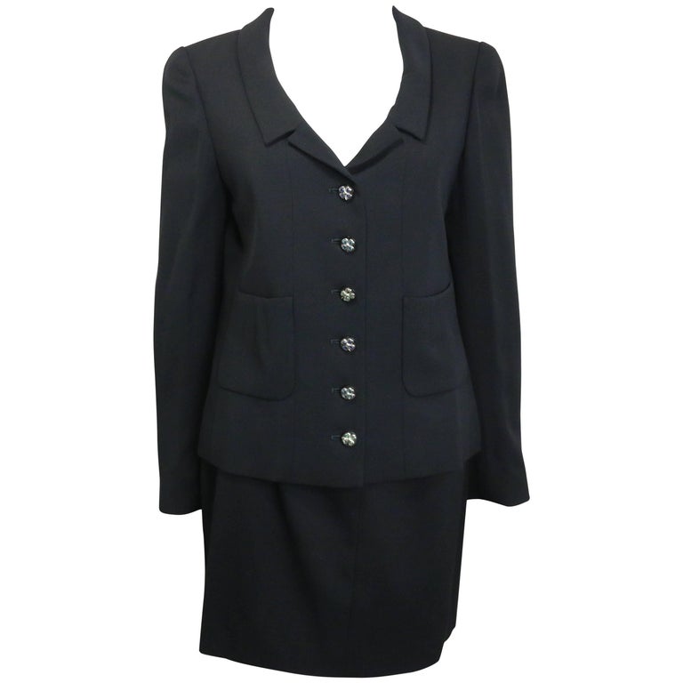 90s Chanel Little Black Jacket and Skirt Suit with Gripoix Clover