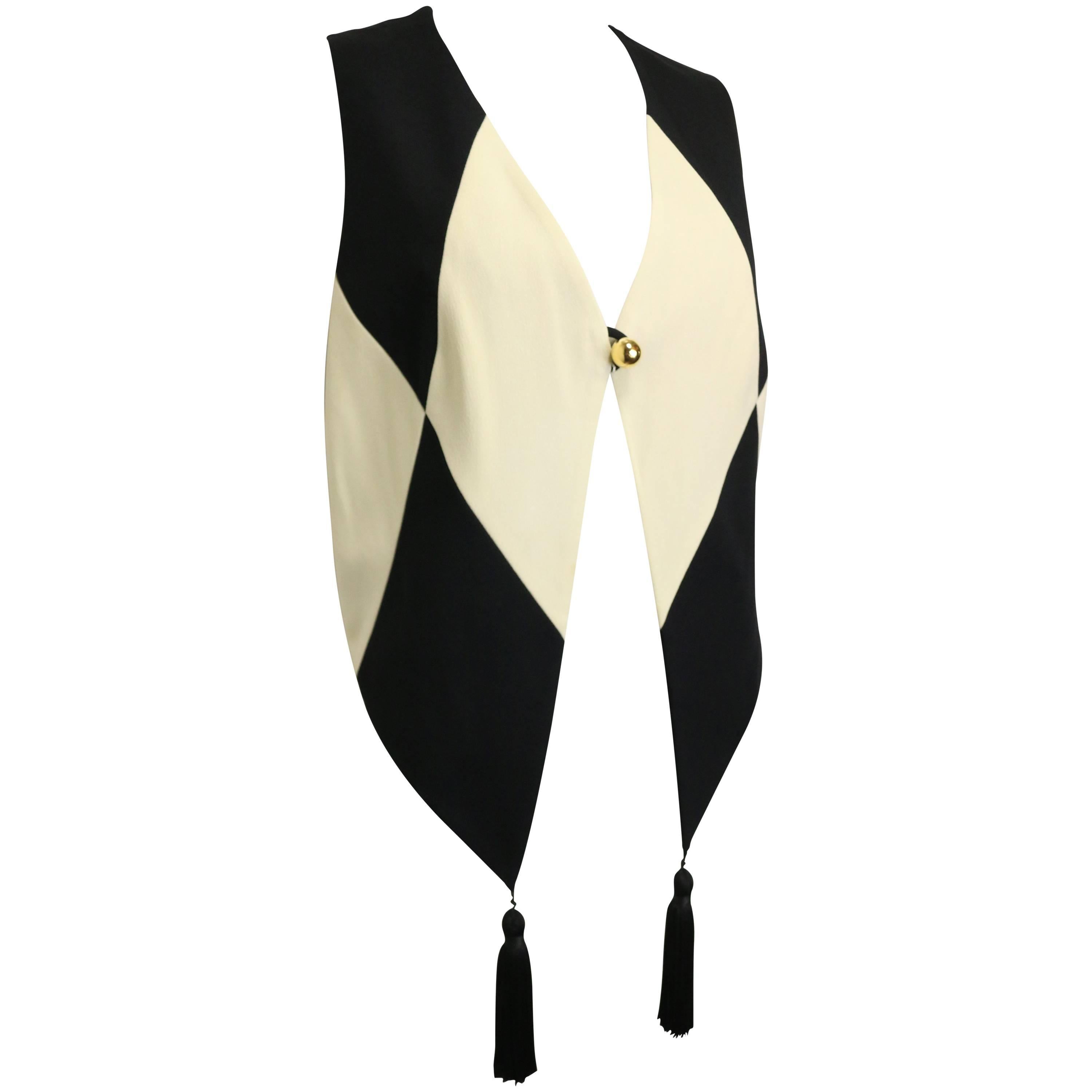 Moschino Cheap and Chic Black and White Harlequin Waistcoat with Tassels
