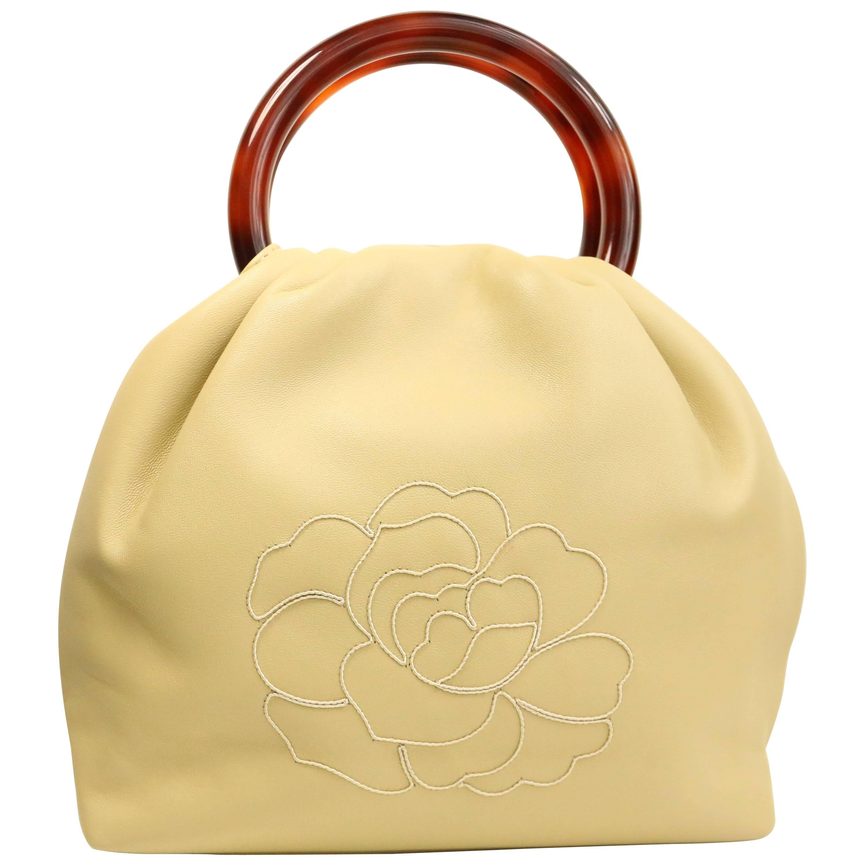 Vintage Chanel Beige Lambskin Camellia Bucket Bag Tortoise Handle